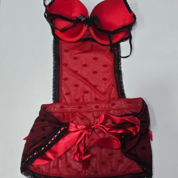 Rene Rofe French Maid Polka Dot Sheer Babydoll Apron Lingerie - Picture 9 of 10